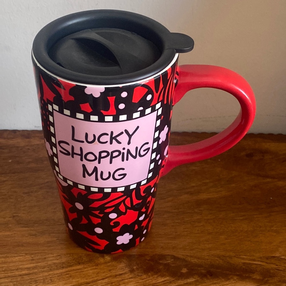 Porcelain travel tumbler/cup. Double Sided. “Lucky Shopping Mug”. 🛍